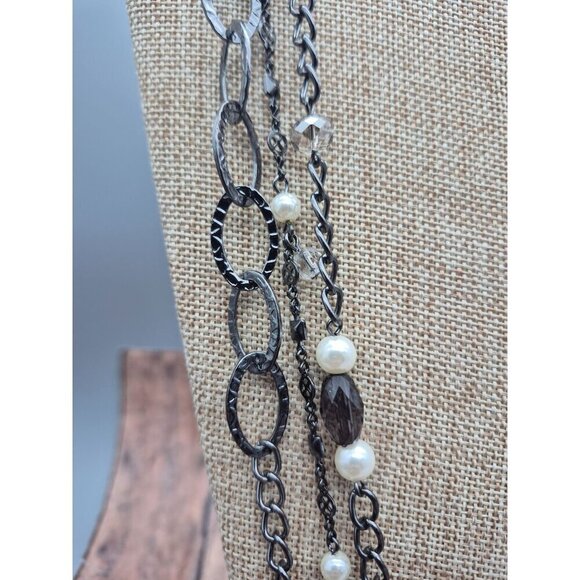 Premier Design Gun Metal Chain Necklace Faux Pearls Hammered Links Multi Strand - Picture 6 of 9